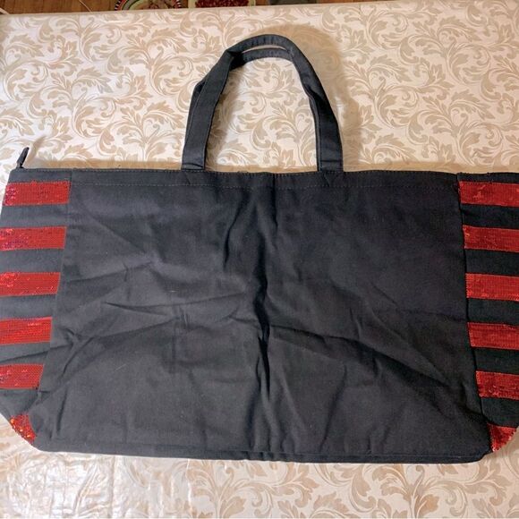 Large Victoria’s Secret Tote Weekender Shopper XL Black Canvas & Red Sequins - Picture 4 of 4